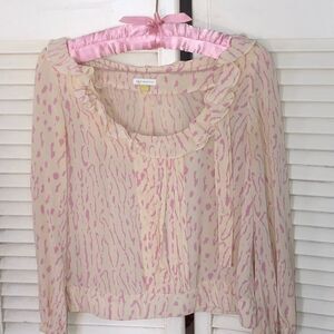 Boho Romantic Ruffle Tie 3/4 Sleeve Silk Blouse in Cream and Pale Pink Vacation!